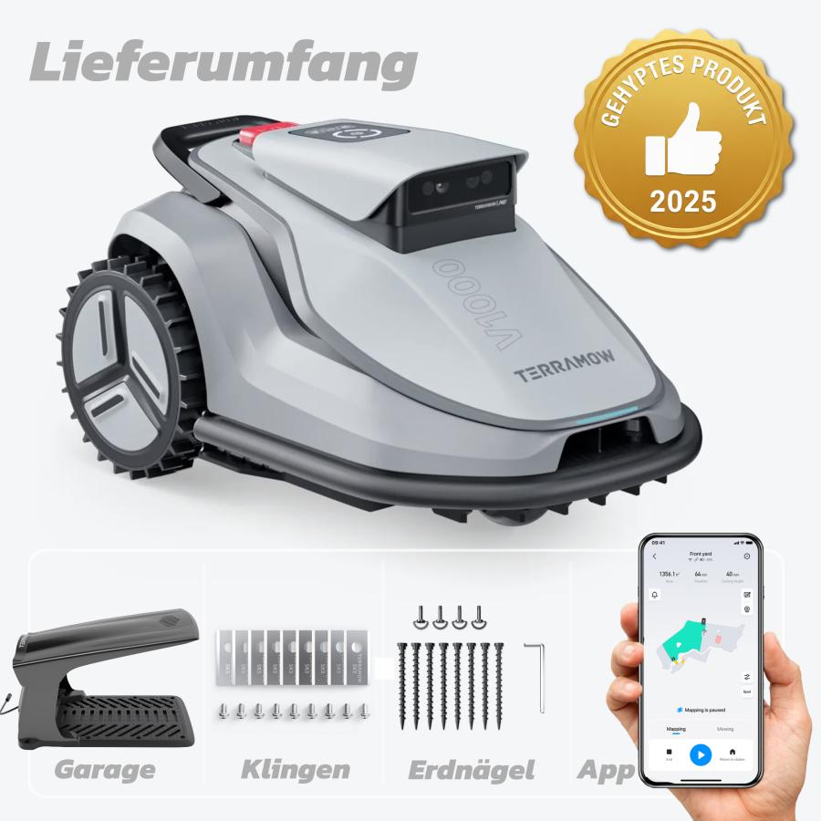 Terramow V1000 mit Garage, Mähroboter, smarter Rasenroboter für 1000 m², Gartenpflege ohne Begrenzungskabel